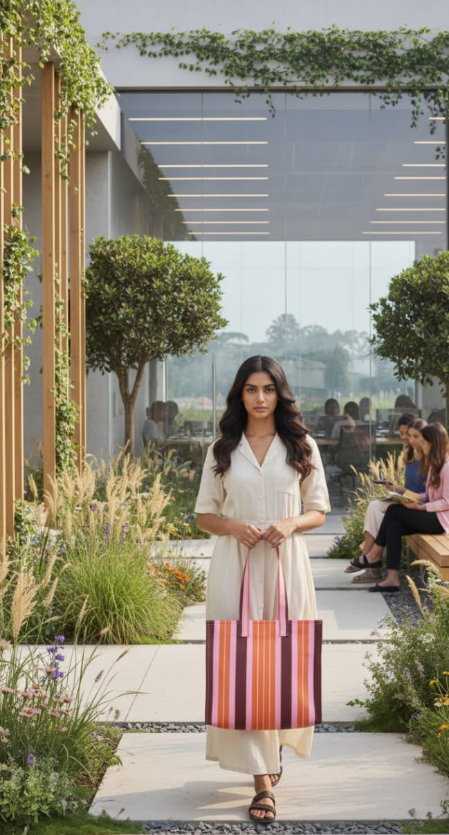 Striped Shopping Bag With Zipper and Body Material Handles